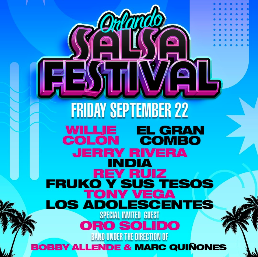 Salsa festival poster with singer names and bright blues and purples
